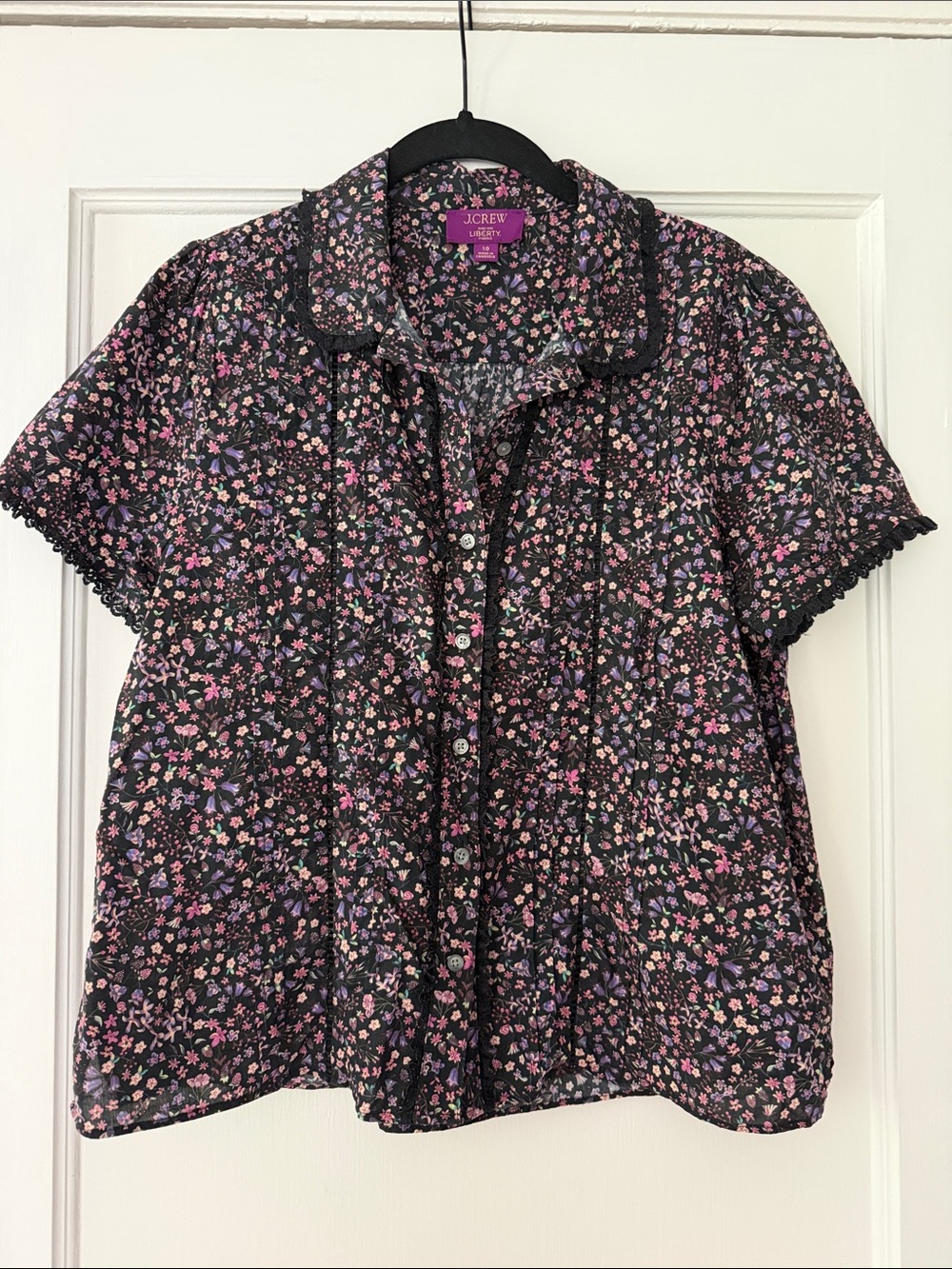J. Crew Black Floral Button-Front Short Sleeve Blouse